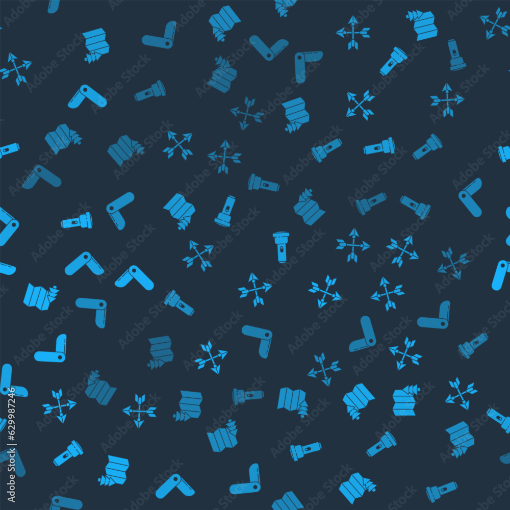 Poster set location of the forest, crossed arrows, flashlight and swiss army knife on seamless pattern. vec