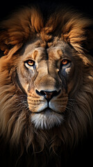 Fototapeta premium leão poderoso em fundo preto, rei da selva 