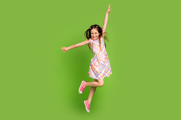 Full length photo of cheerful crazy energetic girl dressed trendy clothes rejoice seasonal offer...