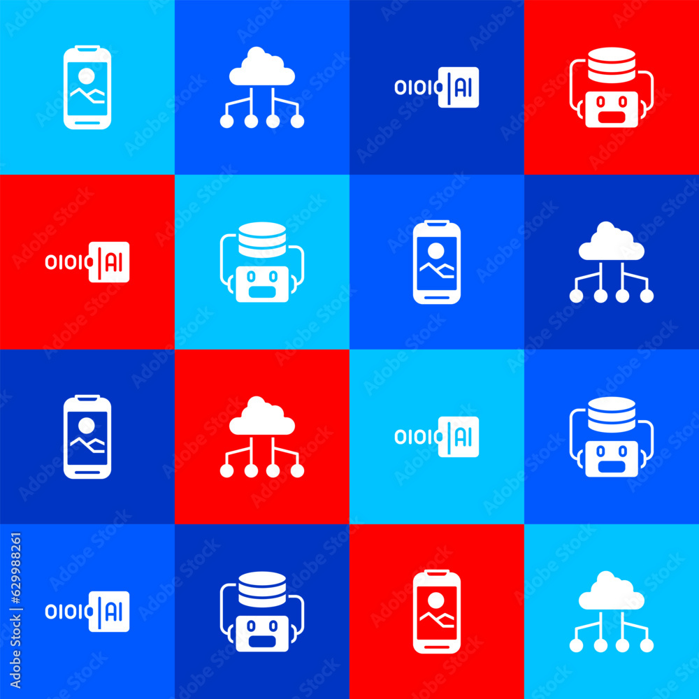 Poster set mobile phone, network cloud connection, binary code and artificial intelligence robot icon. vect