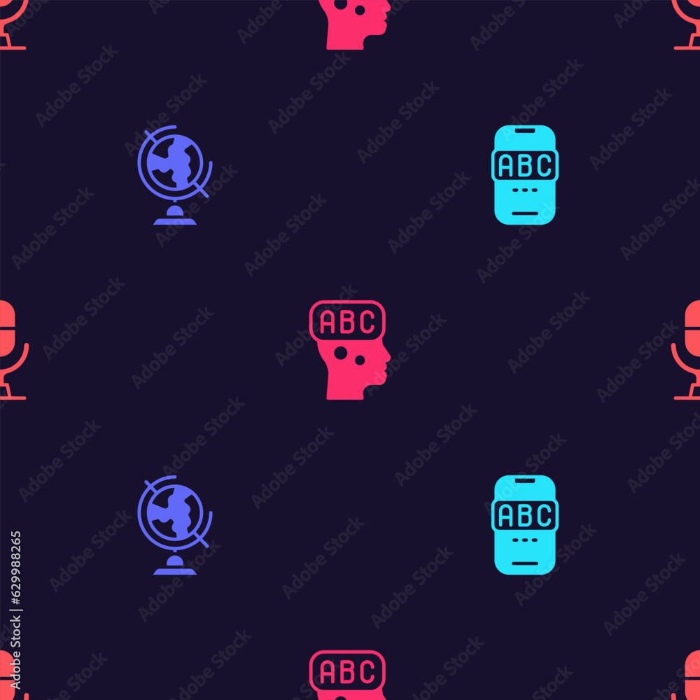 Poster set foreign language online study, earth globe, learning foreign languages and microphone voice devi