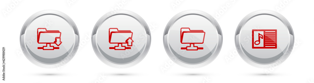 Poster set line ftp folder download, upload, and music book with note. silver circle button. vector