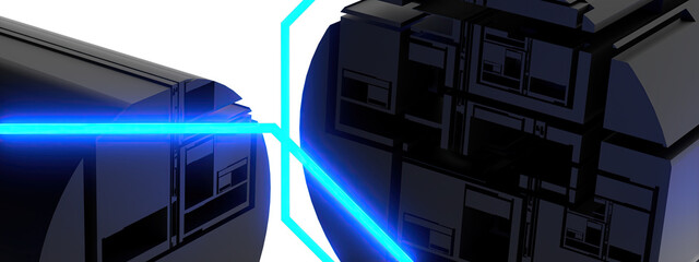 A cyberpunk cylinder and glowing line glowing with a blue and black elegant and modern 3D rendering image