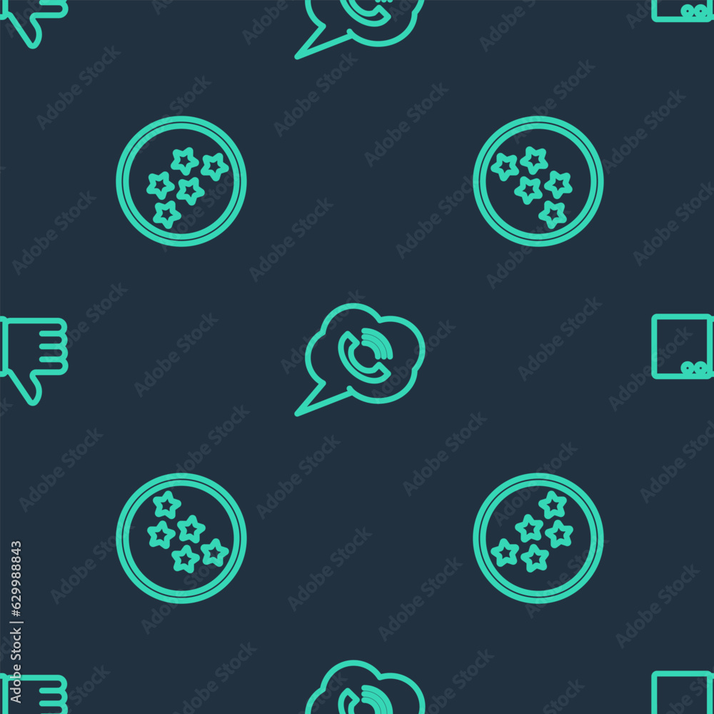 Poster set line speech bubble with phone call, five stars rating review and dislike on seamless pattern. ve