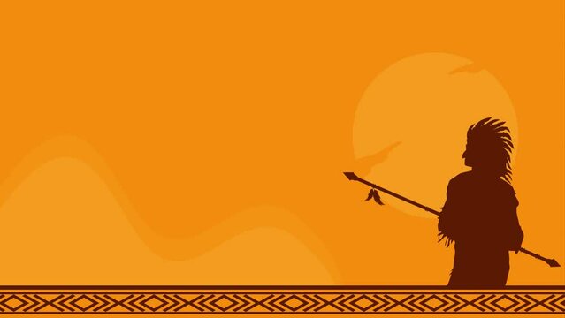 animation of native american day footage background design with 
with silhouettes of Native American tribesmen carrying spears