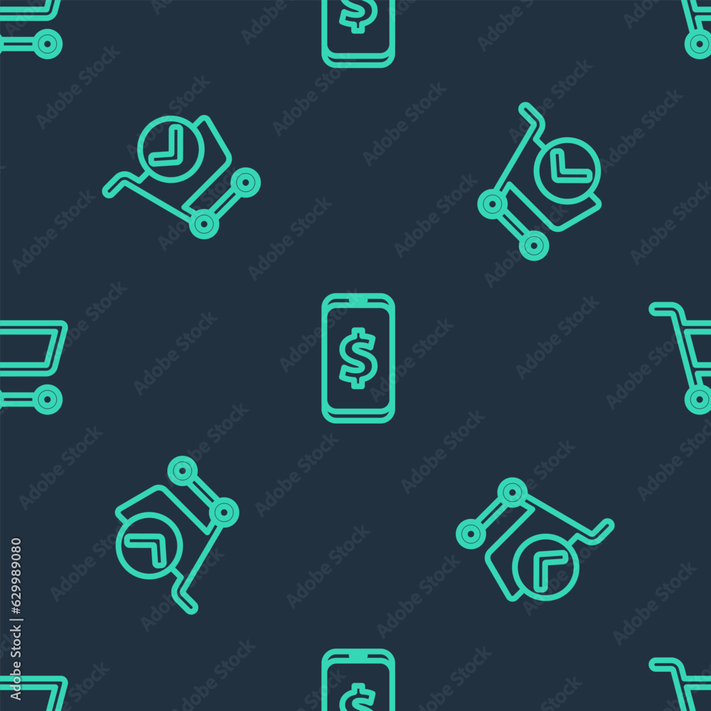 Poster set line smartphone with dollar, shopping cart check mark and on seamless pattern. vector