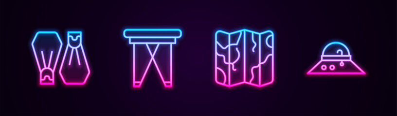Set line Rubber flippers for swimming, Folding chair, Folded map and Fisherman hat. Glowing neon icon. Vector © vector_v