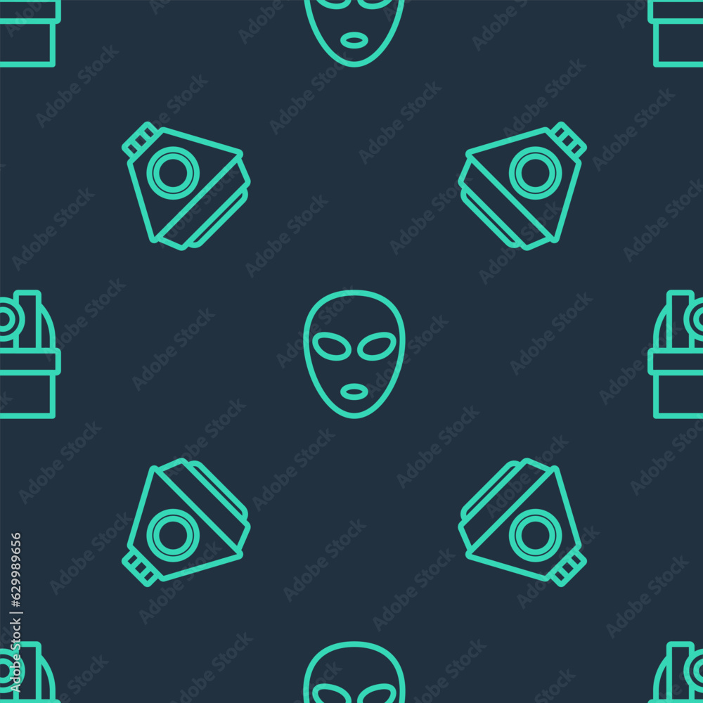 Poster set line alien, space capsule and astronomical observatory on seamless pattern. vector