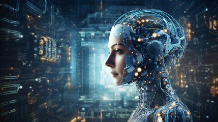 Fototapeta na wymiar Cyborg woman on dark background creating artificial intelligence. Source of AI.