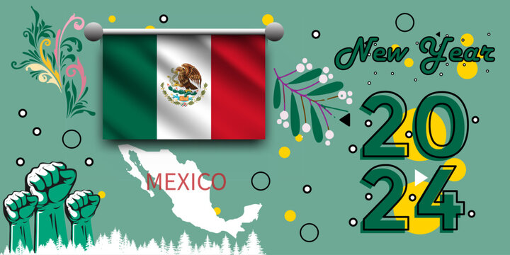 mexico flag and map fist raised. National Day or Independence Day created for mexico celebration.happy new year 2024.new year 2024.Modern vintage design with abstract background.Vector image.