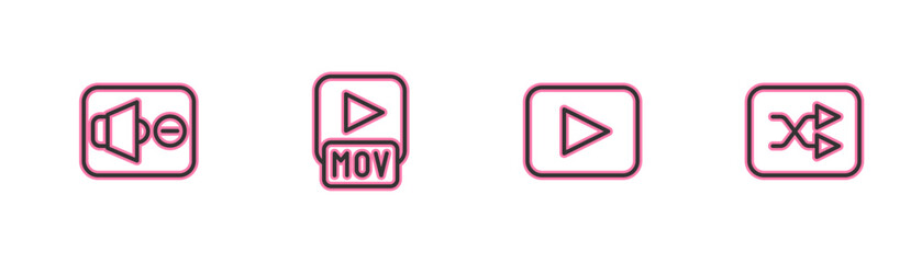 Set line Speaker mute, Play button, MOV file and Arrow shuffle icon. Vector