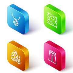 Set Isometric line Necklace with peace symbol, LSD acid mark, Hippie camper van and Jeans wide icon. Vector