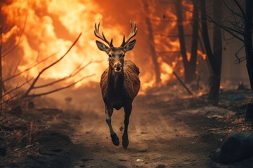 Deer running from forest fire