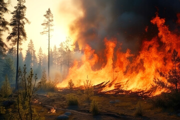 Thick smoke and flames engulfed trees, bushes and dry grass. forest fire