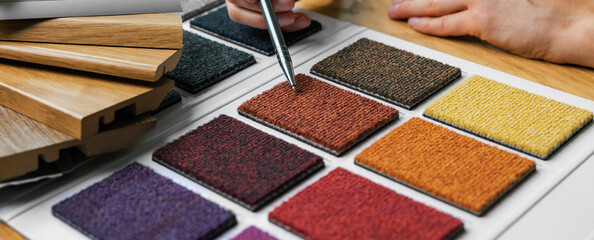 choosing flooring material color from carpet samples - obrazy, fototapety, plakaty