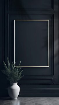 video mockup, picture frame blank template, poster print gold frame mock up, wall art canvas showcase, artwork painting photo presentation, vertical, cozy living room dark, minimalist dark aesthetic