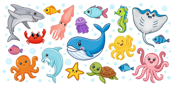 set of sea animals. Dolphin, octopus, sea horse, sea ​​turtle, squid, stingray, jellyfish, shark. Cute cartoon animals for kids. Vector illustration