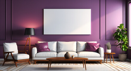an empty living room with a poster with a modern style