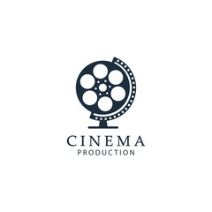 Film reel with globe stand illustration, Global movie film logo icon sign symbol design concept