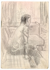 Vintage hand drawn Pencil sketch of a young man sitting on the couch 
