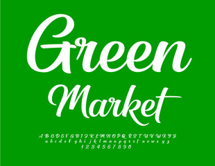 Vector artistic Sign Green Market with White cursive Font. Creative Alphabet Letters and Numbers set