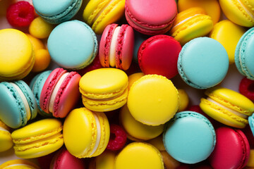 Colourful sweet macaroon pastry background. Dessert cake food bakery top view