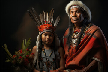 Fototapeta premium Indigenous grandfather and little kid in ethnic clothes and feather headpiece on dark background. National traditions concept