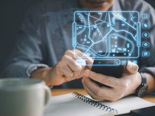 Person using smart phone searching the location on world map for travel direction by finger touching on mobile phone. Converging Online Technology, Internet Search, and GPS technology concepts.