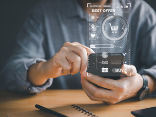 Online shopping concept. Close-up person using smart phone search and shopping online via internet technology. Exploring Online Shopping and Internet-Based Business in the Age of Web Technology