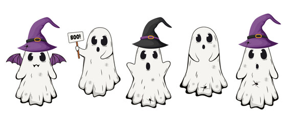 Vector set of halloween ghost. Funny Hallowwen spooky creatures.Vector illustration