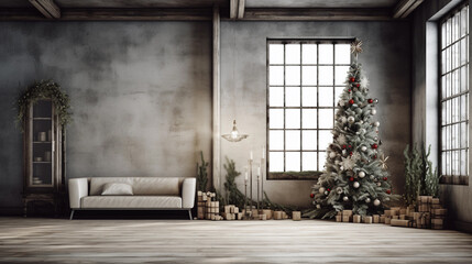 Christmas Living room home interior. Wall mock up background. Ai generated