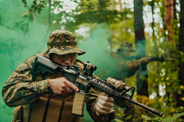 Fototapeta premium Battle of the military in the war. Military troops in the smoke