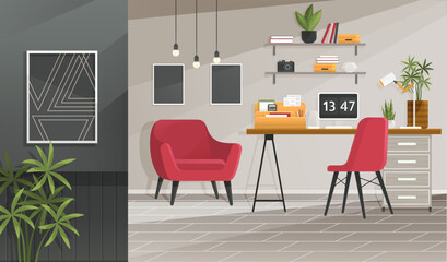 Home office interior. Vector illustration. Freelance and convenient job concept Business workspace in room interior Work from home, distant work, freelance, work online Designer architect workplace