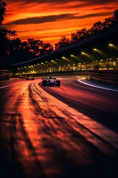 a blurry photo of a race track at sunset