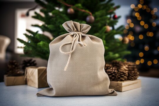 Christmas Sack with drawstring mockup, photography of a christmas tree, christmas vibes