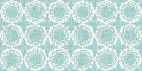 Aqua teal blue white vibrant watercolor batik azulejos tile border banner background. Seamless coastal blur linen effect geometric mosaic effect.Boho Patchwork nautical masculine summer ribbon trim. 