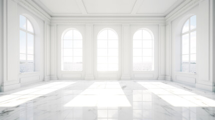 White Large Elegant Sunny Empty Interior Room with Sunny Window.