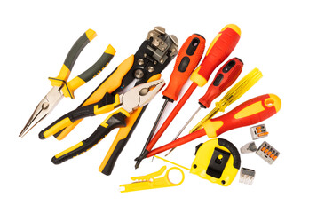 Electrician tool set isolated on white background. banner design. Electrical equipment, Multimeter, tester, screwdrivers, cutters, duct tape, lamps, tape measure and wires. Design.