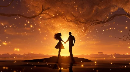 Foto op Canvas casal apaixonado juntos ao lindo por do sol, amor e magia no ar  © Alexandre