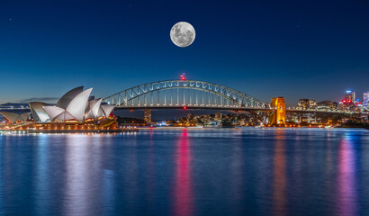Panoramic night view of Sydney Harbour and CBD buildings on the foreshore in NSW Australia