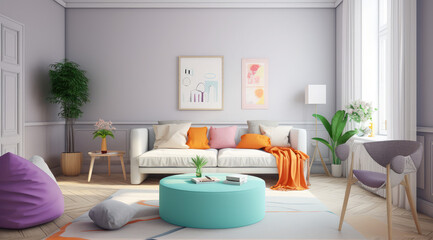 white living room with chairs and a plant on the wall, in the style of light violet and orange, generative AI