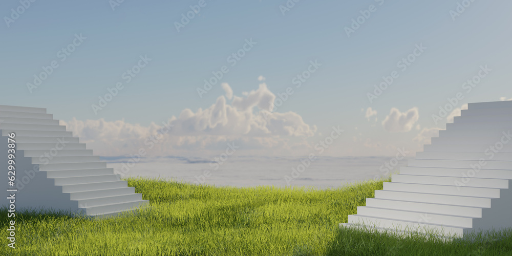 Poster platform and natural podium stair backdrop with grass field and sky cloud background for product dis