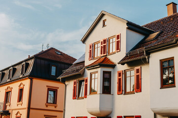 The Old Fachwerk houses in Germany. Scenic view of ancient medieval urban street architecture with half-timbered houses in the Old Town of Germany. Germany, Baden Wurttemberg