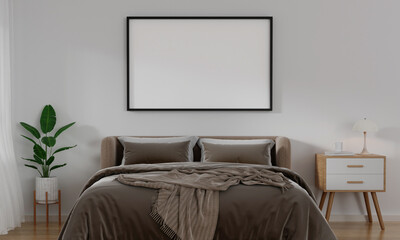 Frame horizontal frame mockup in cozy bedroom interior. 3d render illustration