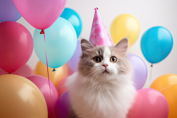 Cute cat with party hat, birthday party with balloons 