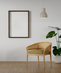 Modern minimalist interior with an armchair on empty white wall background and Blank picture frame mockup on white wall. 3d rendering illustration