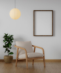 Modern minimalist interior with an armchair on empty white wall background and Blank picture frame mockup on white wall. 3d rendering illustration