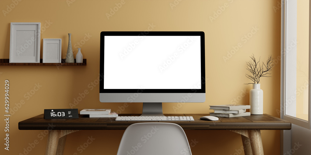 Poster a modern pc computer blank screen mockup is on a table in a modern minimal home office. 3d render il