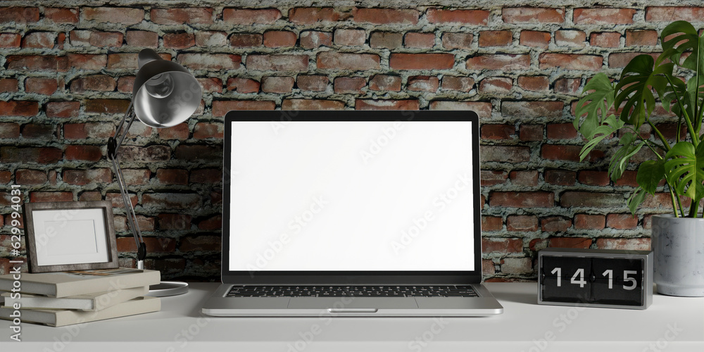 Poster minimalist workspace with a laptop mockup on a table in a minimal office. 3d render illustration