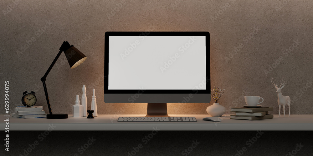 Poster a modern pc computer blank screen mockup is on a table in a modern minimal home office. 3d render il